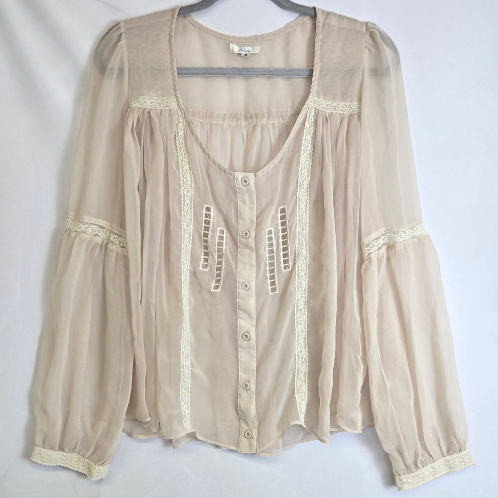 Millau Sheer Chiffon Long Sleeve Blouse Billowy Romantic Cottage Beige Medium